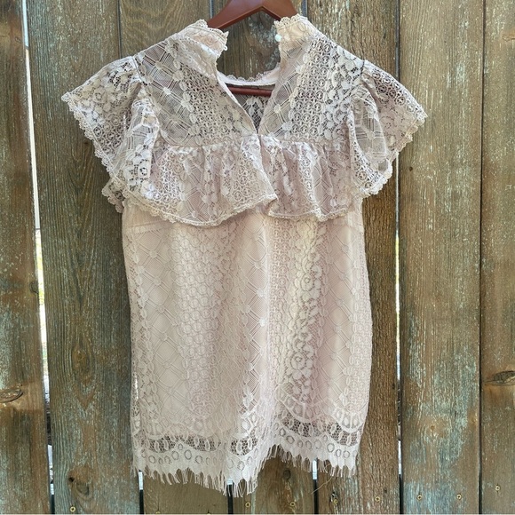 ESLEY Women’s Dusty Pink Lacy High Neck Ruffle Sleeve Size Small - Picture 6 of 7
